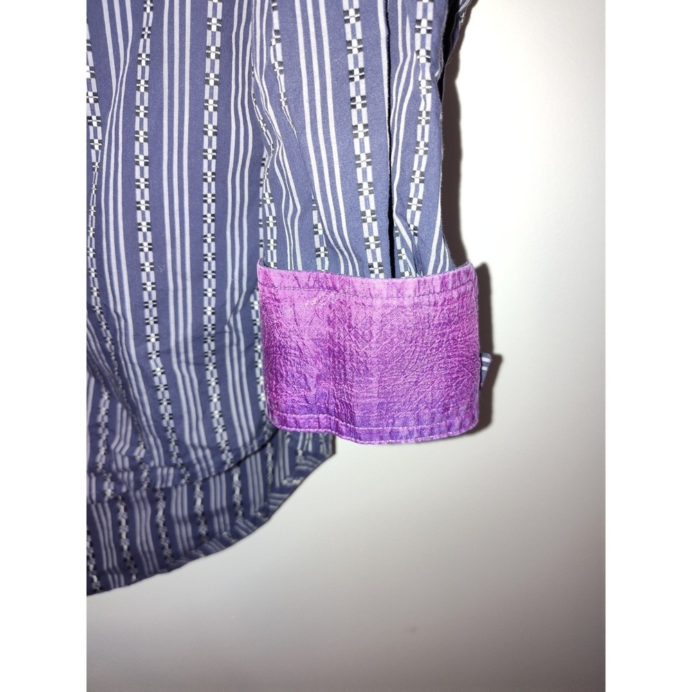 Robert Graham Mens Blue White Striped Button Down Shirt Purple Cuffs Size XL - Picture 11 of 12